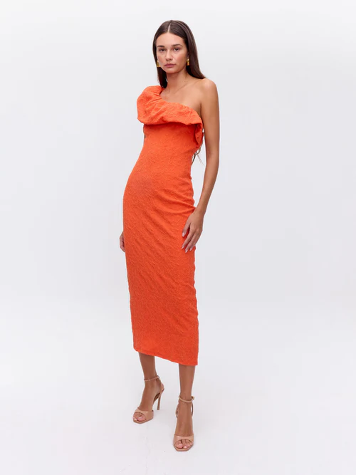 POETIC ORANGE - Vestido asim volante naranja