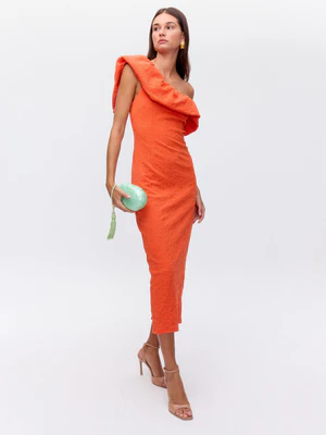 POETIC ORANGE - Vestido asim volante naranja